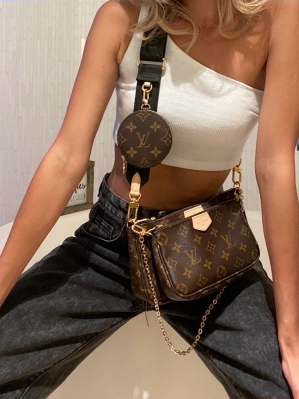 Louis Vuitton Monogram Multi-Pochette with Olive Strap & Gold chain strap